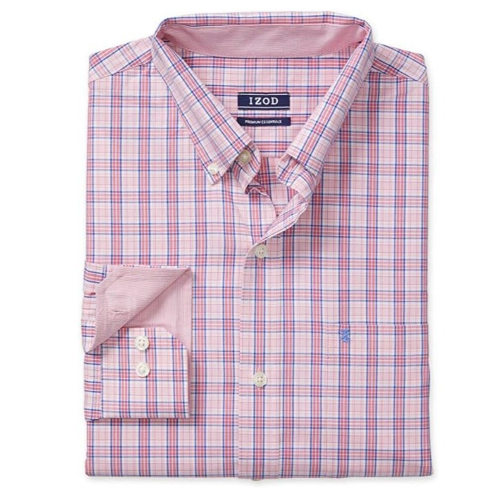 Izod Premium Mens Size S Button Down Flip Cuff Shirt Pink Blue Plaid Preppy